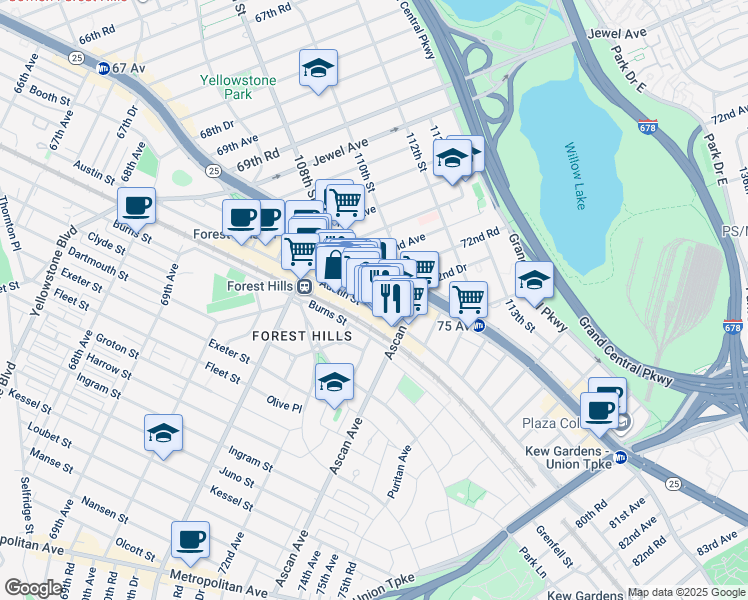 map of restaurants, bars, coffee shops, grocery stores, and more near 109-01 72nd Road in Queens