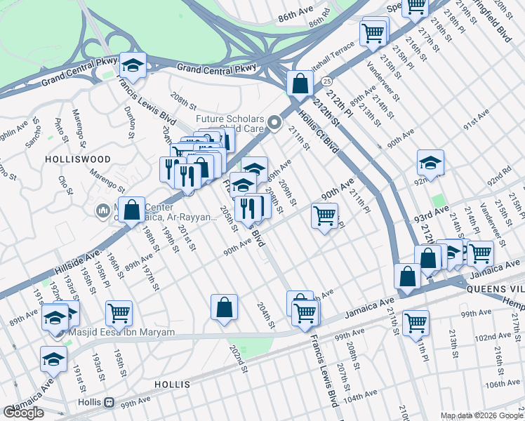 map of restaurants, bars, coffee shops, grocery stores, and more near 89-45 207th Street in Queens