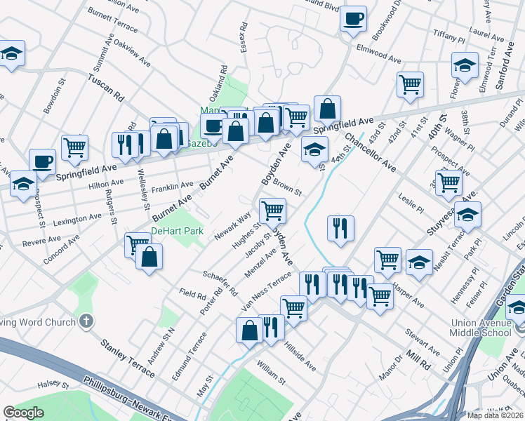 map of restaurants, bars, coffee shops, grocery stores, and more near 386 Boyden Avenue in Maplewood