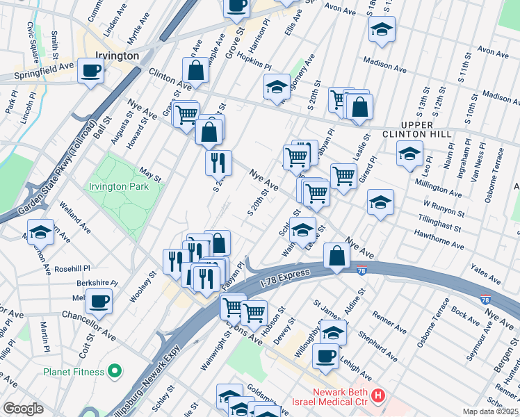 map of restaurants, bars, coffee shops, grocery stores, and more near 109 South 20th Street in Irvington