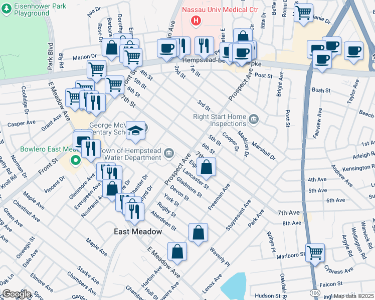 map of restaurants, bars, coffee shops, grocery stores, and more near 2312 7th Street in East Meadow