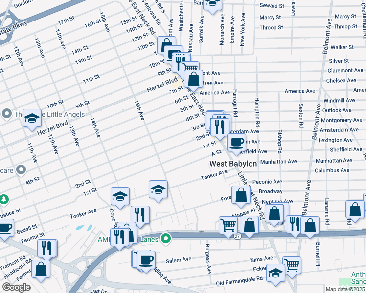 map of restaurants, bars, coffee shops, grocery stores, and more near 1551 2nd Street in West Babylon