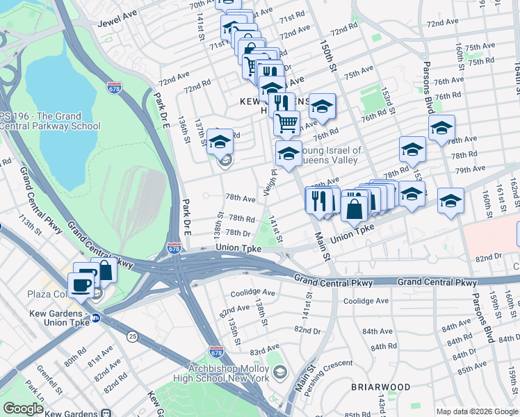 map of restaurants, bars, coffee shops, grocery stores, and more near 78-18 Vleigh Place in Queens