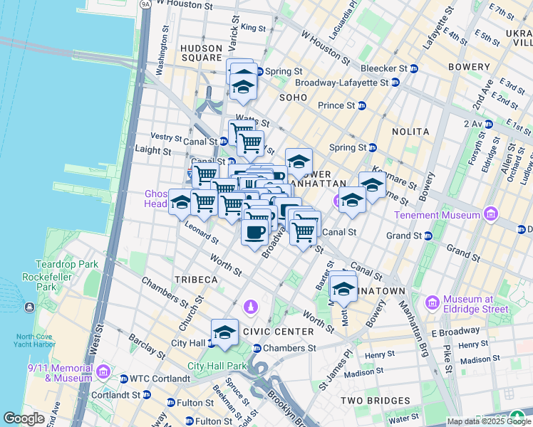 map of restaurants, bars, coffee shops, grocery stores, and more near 39 Walker Street in New York