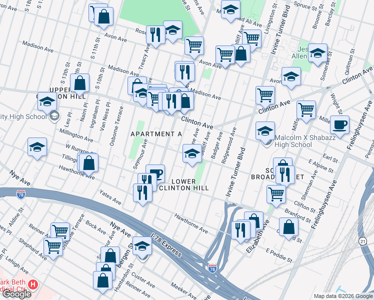 map of restaurants, bars, coffee shops, grocery stores, and more near 241 Peshine Avenue in Newark