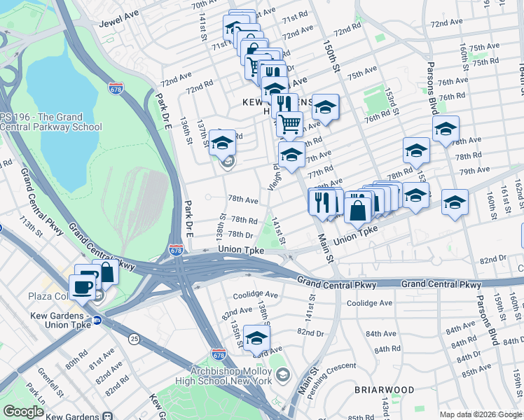 map of restaurants, bars, coffee shops, grocery stores, and more near 138-46 78th Avenue in Queens