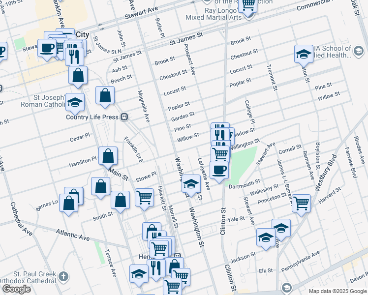 map of restaurants, bars, coffee shops, grocery stores, and more near 53 Meadow Street in Garden City