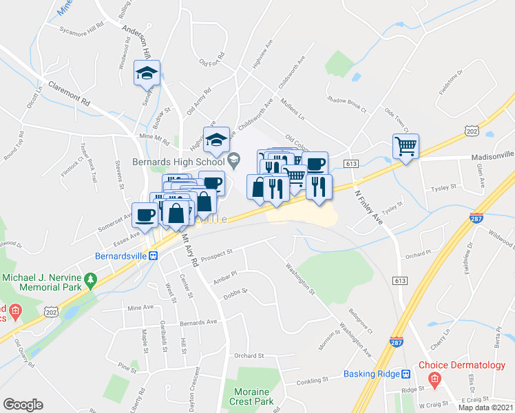 map of restaurants, bars, coffee shops, grocery stores, and more near 62 Morristown Road in Bernardsville
