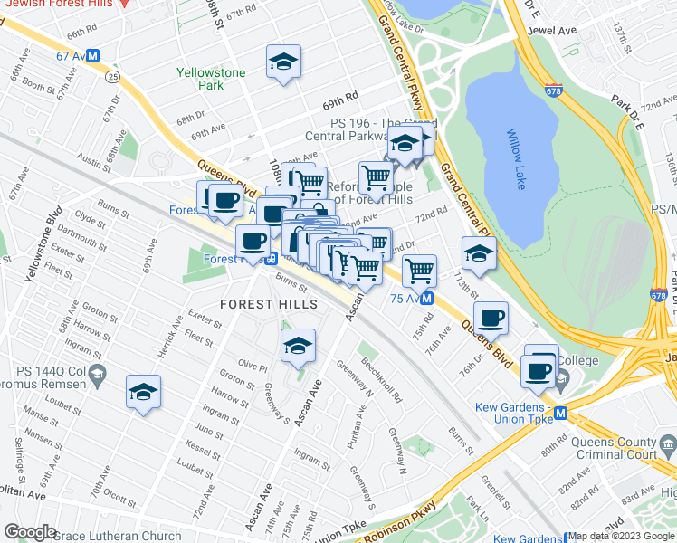 map of restaurants, bars, coffee shops, grocery stores, and more near 72-03 Austin Street in Queens