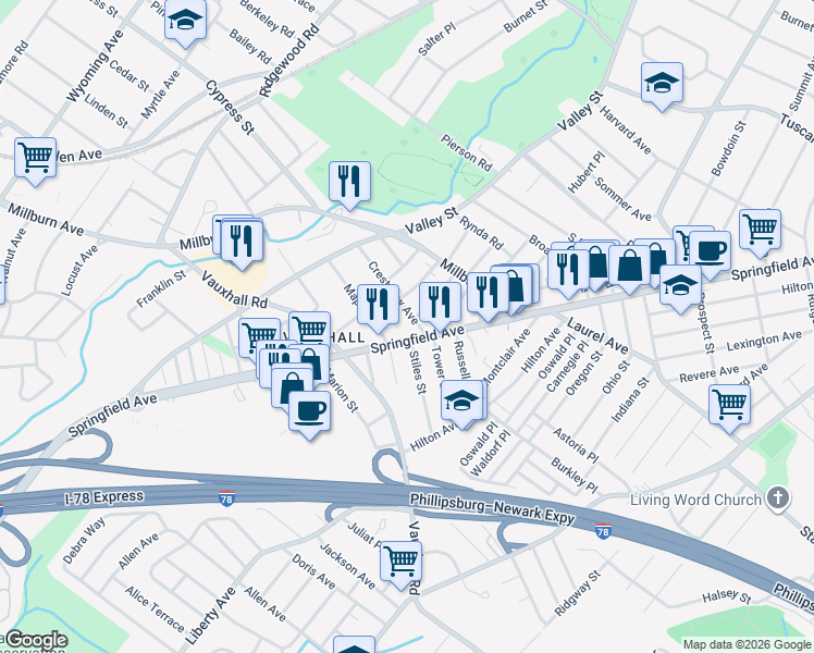 map of restaurants, bars, coffee shops, grocery stores, and more near 2140 Springfield Avenue in Union