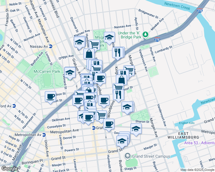 map of restaurants, bars, coffee shops, grocery stores, and more near 2 North Henry Street in Brooklyn