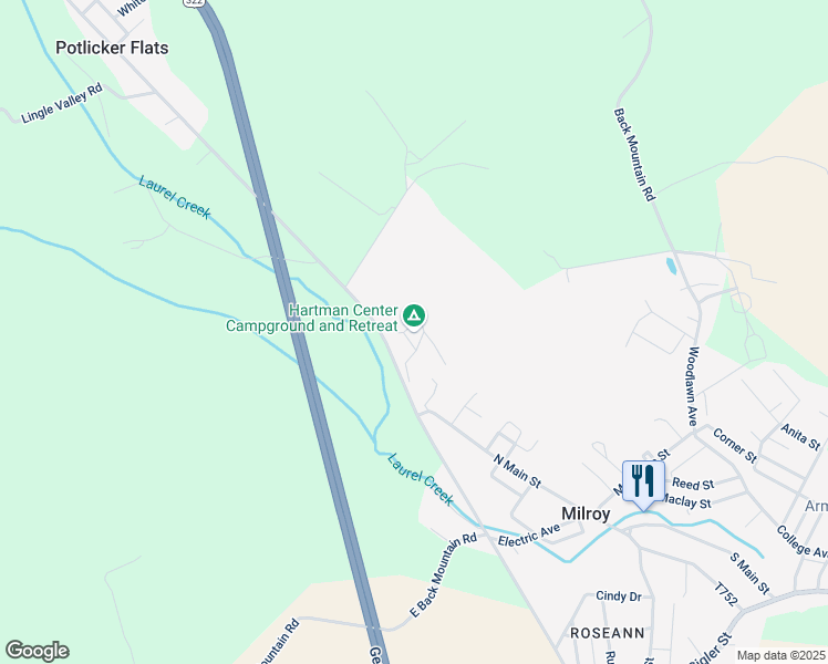 map of restaurants, bars, coffee shops, grocery stores, and more near 5725 Old US Highway 322 in Milroy