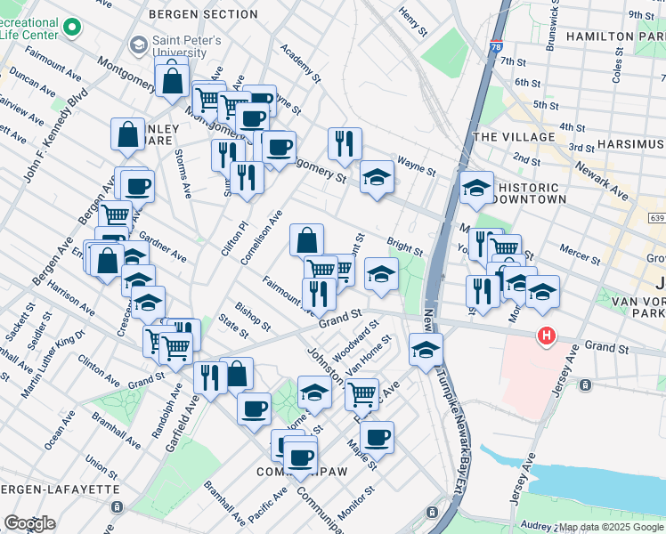 map of restaurants, bars, coffee shops, grocery stores, and more near 115 Amity Street in Jersey City