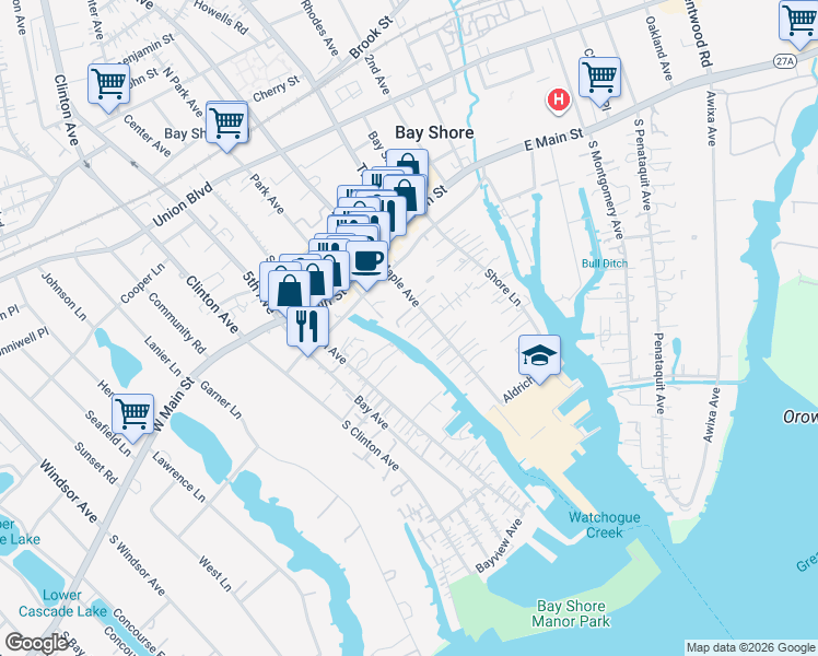 map of restaurants, bars, coffee shops, grocery stores, and more near 40 Maple Avenue in Bay Shore
