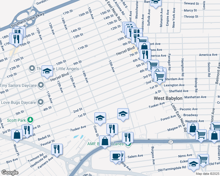 map of restaurants, bars, coffee shops, grocery stores, and more near 1444 3rd Street in West Babylon