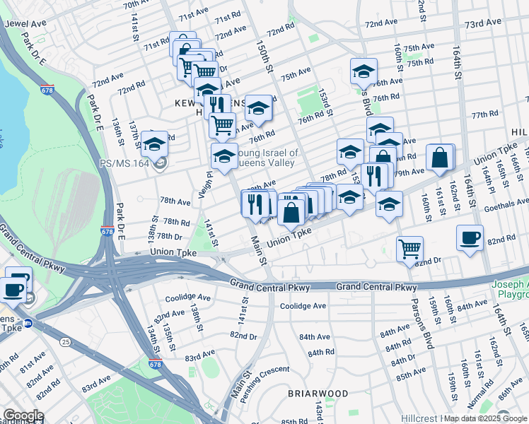map of restaurants, bars, coffee shops, grocery stores, and more near 156-33 79th Avenue in Queens