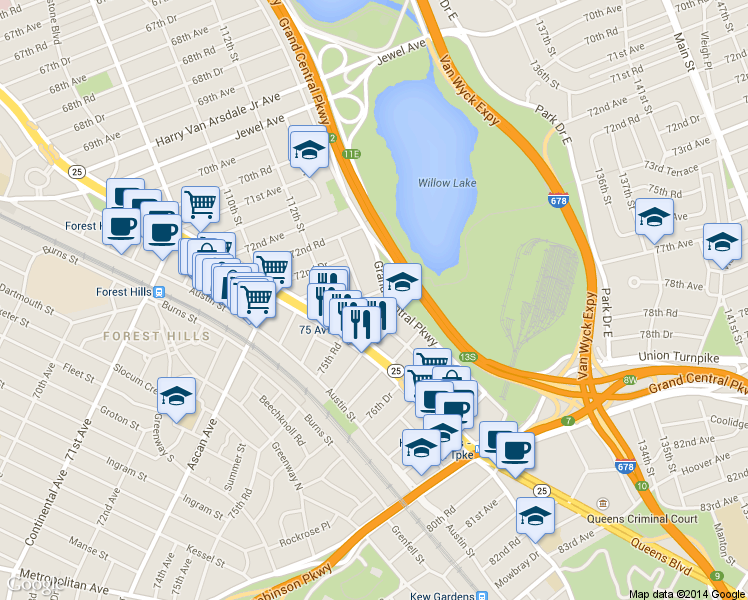 map of restaurants, bars, coffee shops, grocery stores, and more near 7502 113th Street in Queens