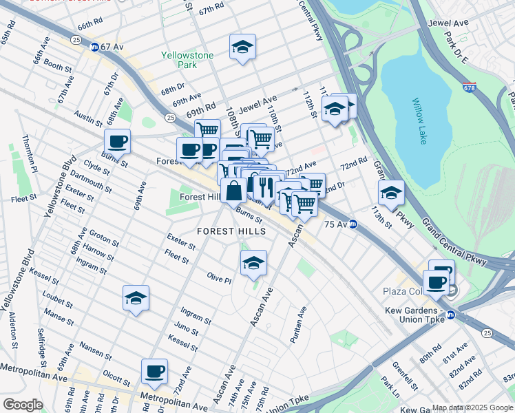map of restaurants, bars, coffee shops, grocery stores, and more near 45 Burns Street in Queens