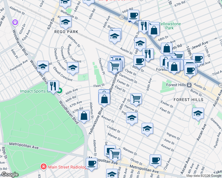 map of restaurants, bars, coffee shops, grocery stores, and more near 67-57 Groton Street in Queens