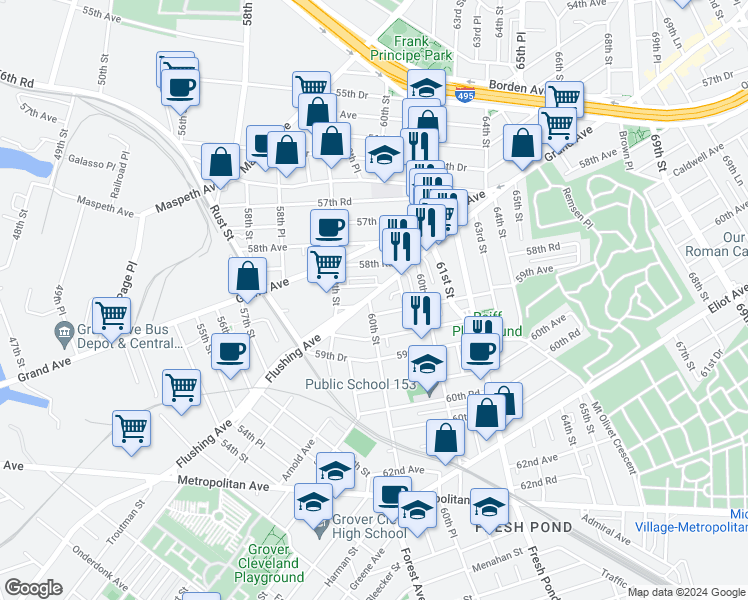 map of restaurants, bars, coffee shops, grocery stores, and more near 58-11 60th Street in Queens