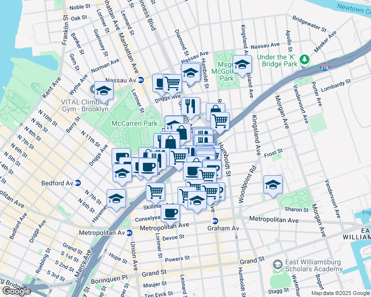 map of restaurants, bars, coffee shops, grocery stores, and more near 415 Manhattan Avenue in Brooklyn