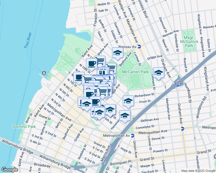 map of restaurants, bars, coffee shops, grocery stores, and more near 167 North 9th Street in Brooklyn