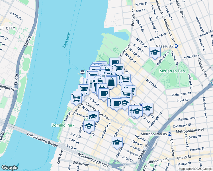 map of restaurants, bars, coffee shops, grocery stores, and more near 55 North 5th Street in Brooklyn