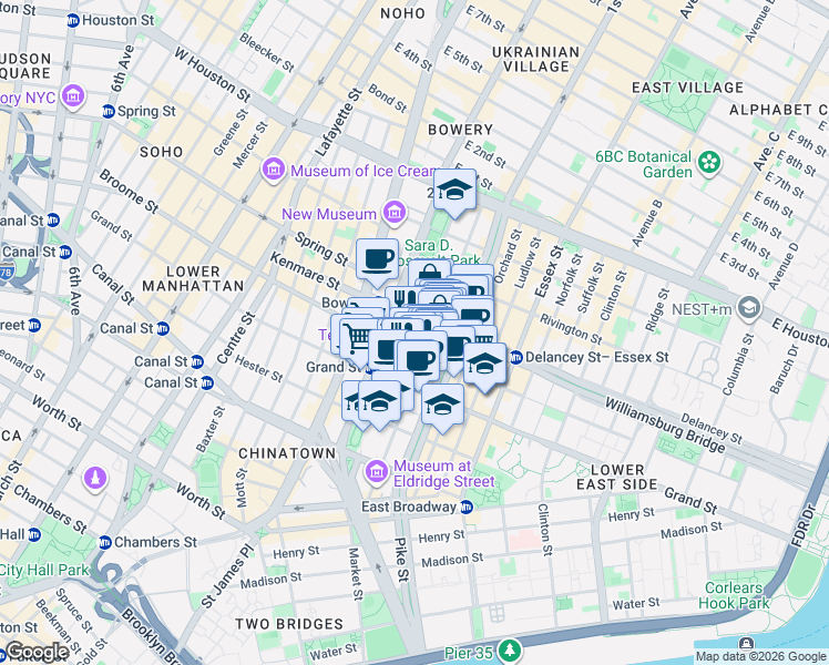 map of restaurants, bars, coffee shops, grocery stores, and more near 139 Eldridge Street in New York