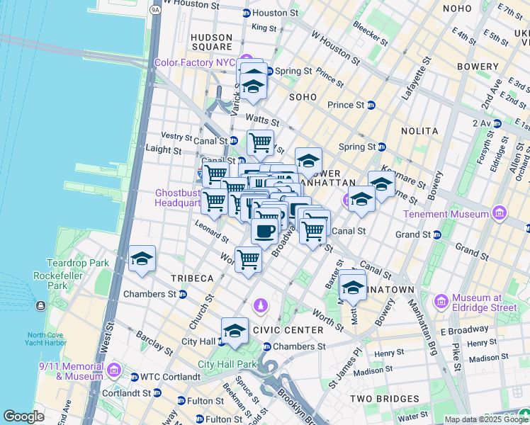 map of restaurants, bars, coffee shops, grocery stores, and more near 39 Walker Street in New York