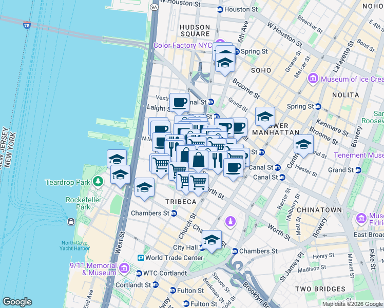map of restaurants, bars, coffee shops, grocery stores, and more near in New York