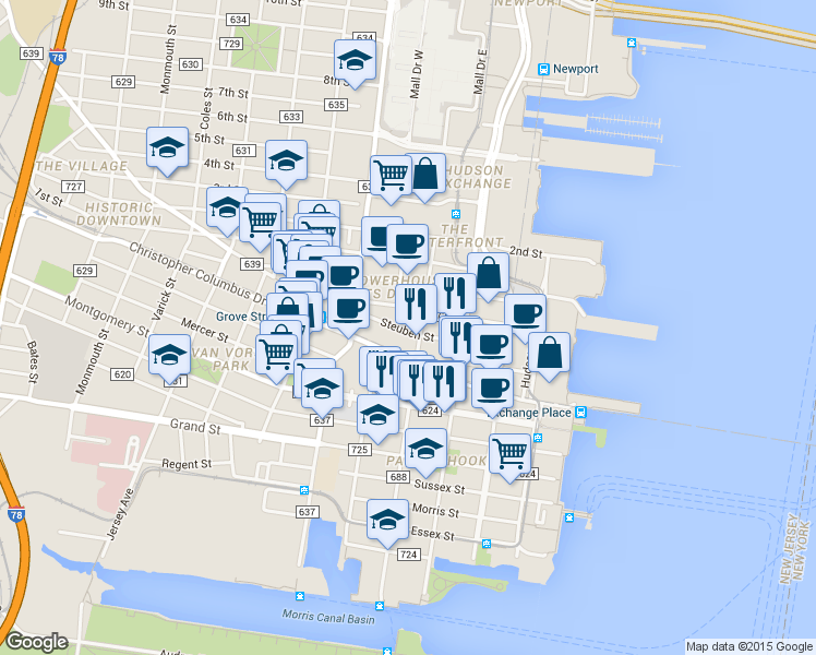 map of restaurants, bars, coffee shops, grocery stores, and more near 321 Warren Street in Jersey City