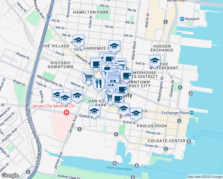 map of restaurants, bars, coffee shops, grocery stores, and more near 49 Wayne Street in Jersey City