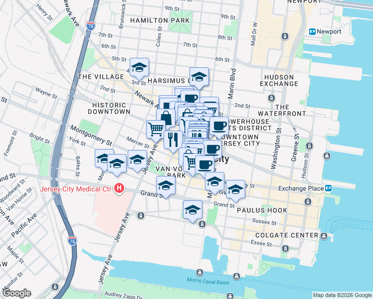 map of restaurants, bars, coffee shops, grocery stores, and more near 49 Wayne Street in Jersey City