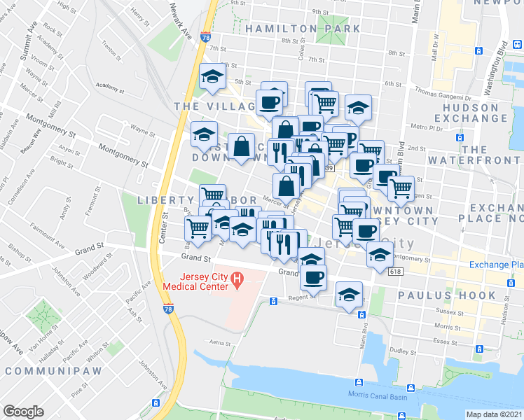 map of restaurants, bars, coffee shops, grocery stores, and more near 304 Varick Street in Jersey City