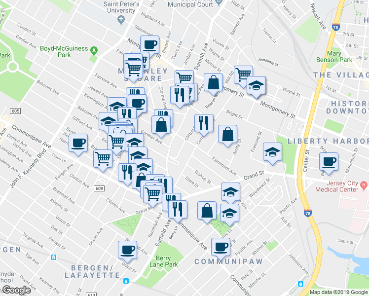 map of restaurants, bars, coffee shops, grocery stores, and more near 81 Cornelison Avenue in Jersey City