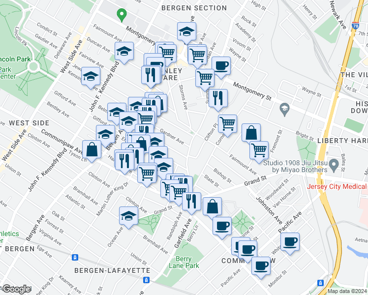 map of restaurants, bars, coffee shops, grocery stores, and more near 21 Belmont Avenue in Jersey City
