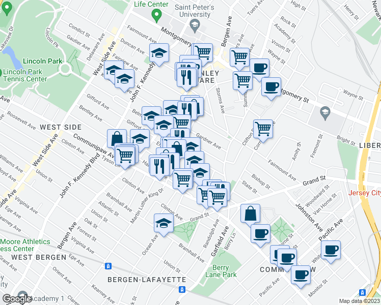 map of restaurants, bars, coffee shops, grocery stores, and more near 92A Astor Place in Jersey City