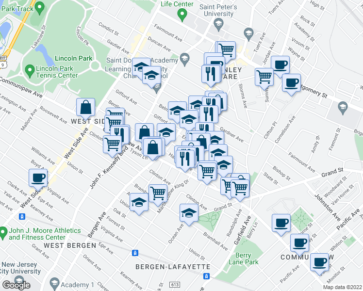 map of restaurants, bars, coffee shops, grocery stores, and more near 60 Brinkerhoff Street in Jersey City