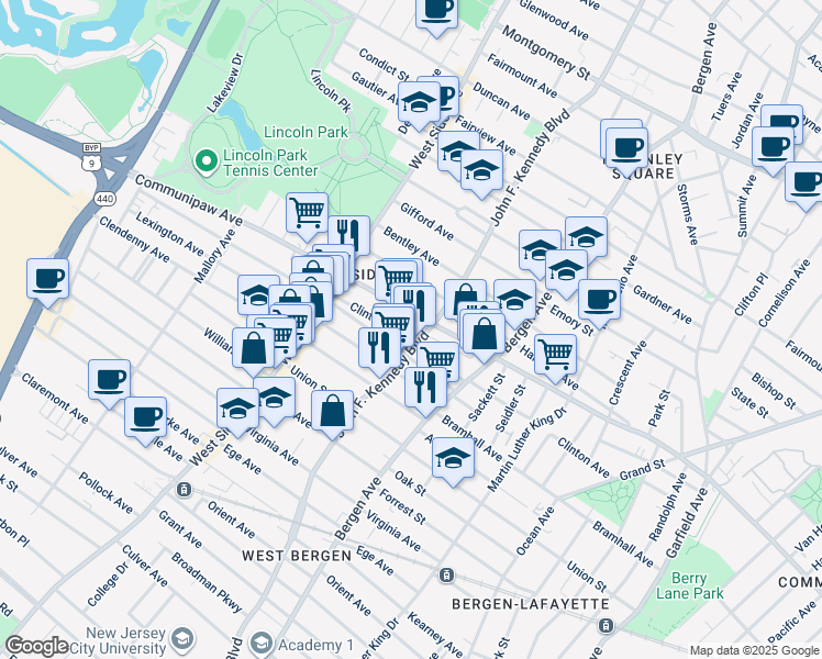 map of restaurants, bars, coffee shops, grocery stores, and more near 193 Clinton Avenue in Jersey City