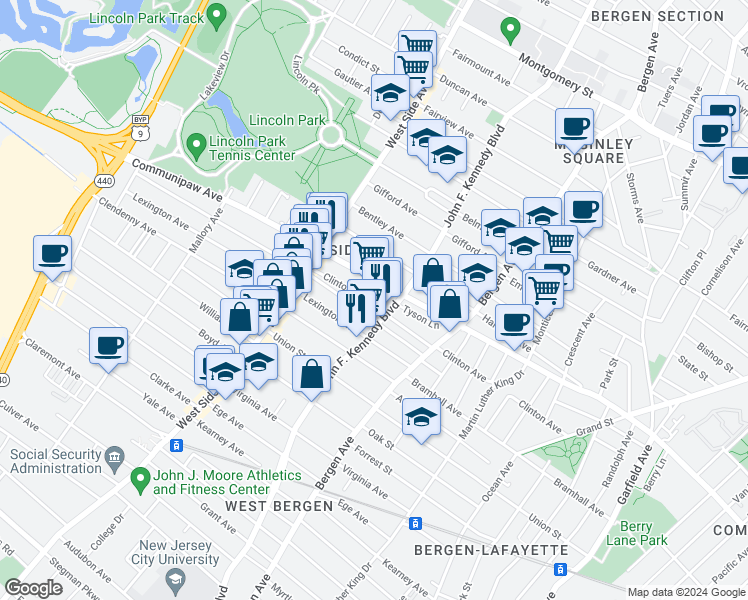 map of restaurants, bars, coffee shops, grocery stores, and more near 193 Clinton Avenue in Jersey City