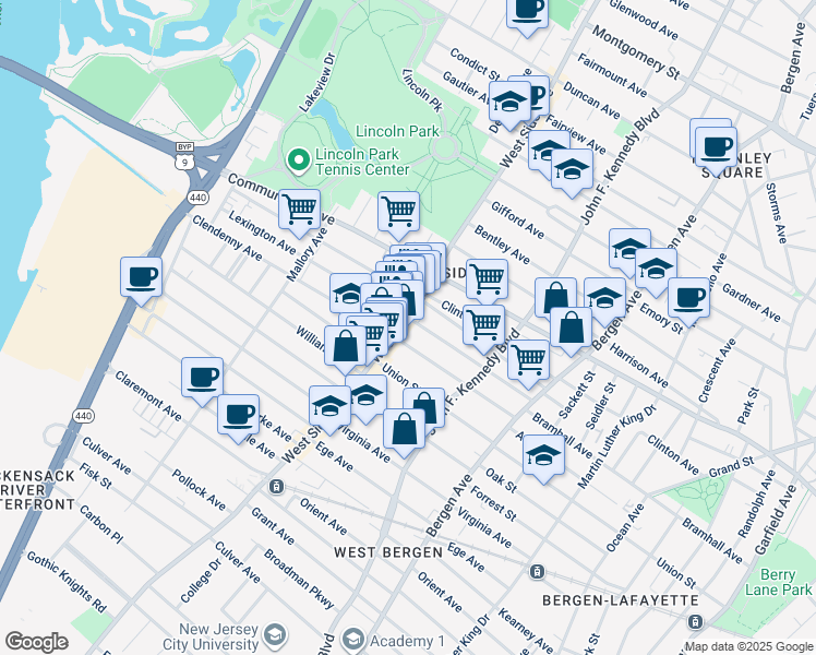 map of restaurants, bars, coffee shops, grocery stores, and more near 115 Lexington Avenue in Jersey City