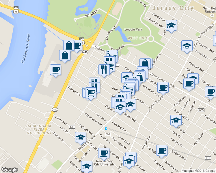 map of restaurants, bars, coffee shops, grocery stores, and more near 209 Boyd Avenue in Jersey City