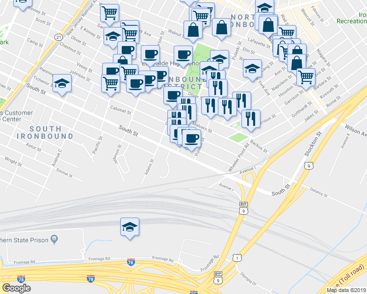 map of restaurants, bars, coffee shops, grocery stores, and more near 392 South Street in Newark