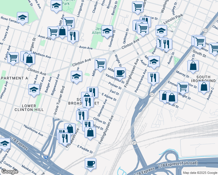 map of restaurants, bars, coffee shops, grocery stores, and more near 814 Earl Street in Newark
