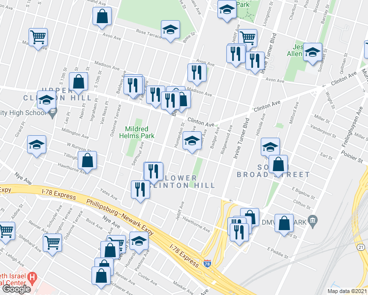 map of restaurants, bars, coffee shops, grocery stores, and more near in Newark