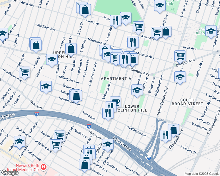 map of restaurants, bars, coffee shops, grocery stores, and more near 185 Seymour Avenue in Newark