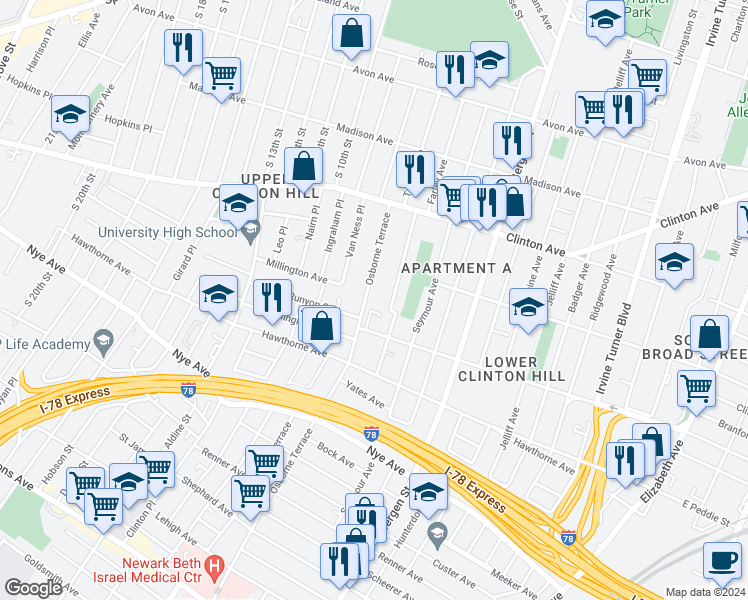 map of restaurants, bars, coffee shops, grocery stores, and more near 93 Hedden Terrace in Newark