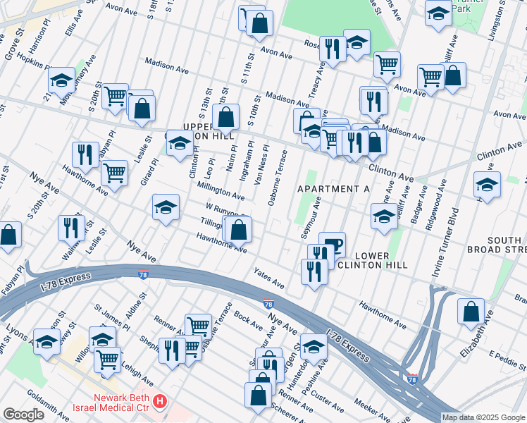 map of restaurants, bars, coffee shops, grocery stores, and more near 245 West Runyon Street in Newark