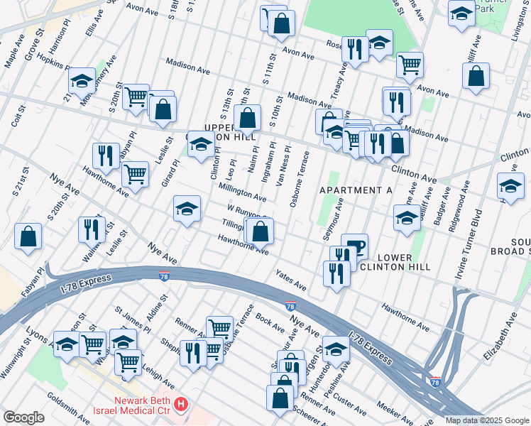 map of restaurants, bars, coffee shops, grocery stores, and more near 274 West Runyon Street in Newark