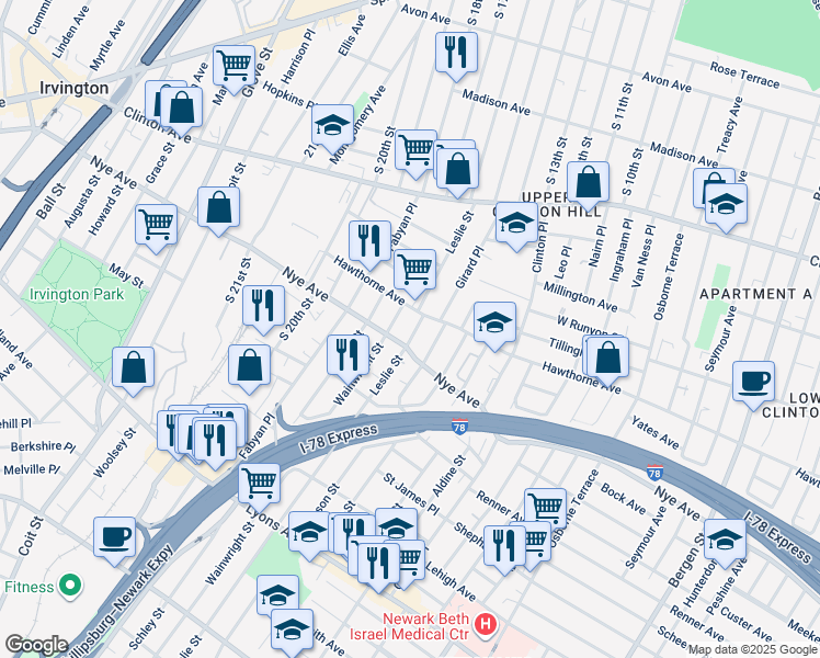map of restaurants, bars, coffee shops, grocery stores, and more near 119 Leslie Street in Newark